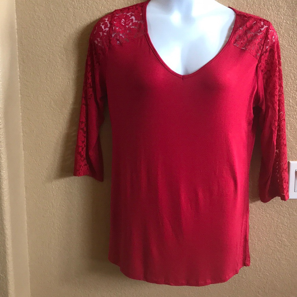 Plus Size  3/4 Sleeve Red Vneck Lace Detail Blouse